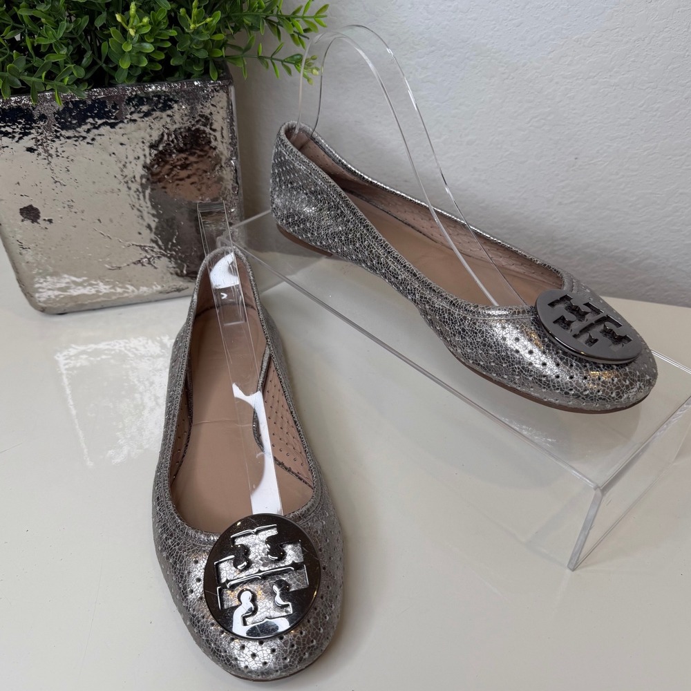 Tory Burch Reva Ballet Flats Womens Perforated Silver Metallic Preppy Luxe 8.5